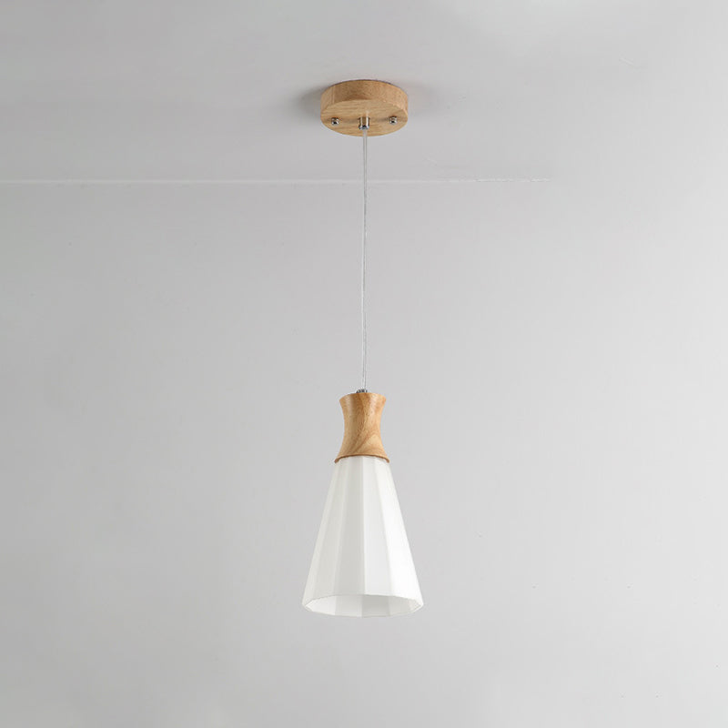 Nordic Milky Glass Cone Pendant Light - Wood Suspension Lamp with Round/Linear Canopy