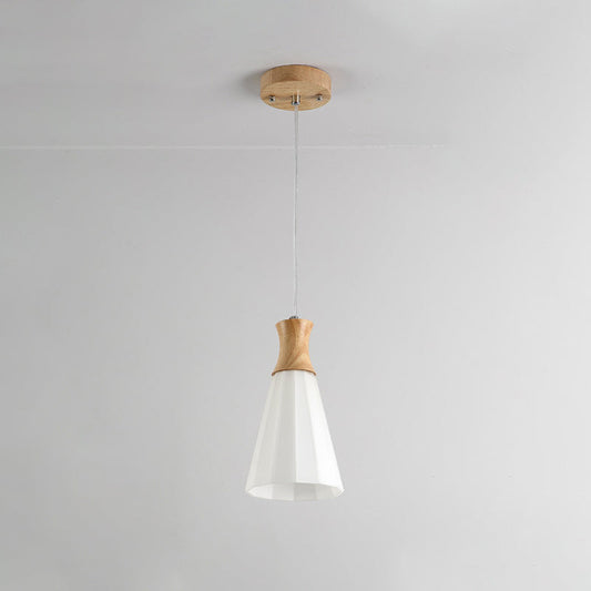 Nordic Milky Glass Cone Pendant Light - Wood Suspension Lamp with Round/Linear Canopy