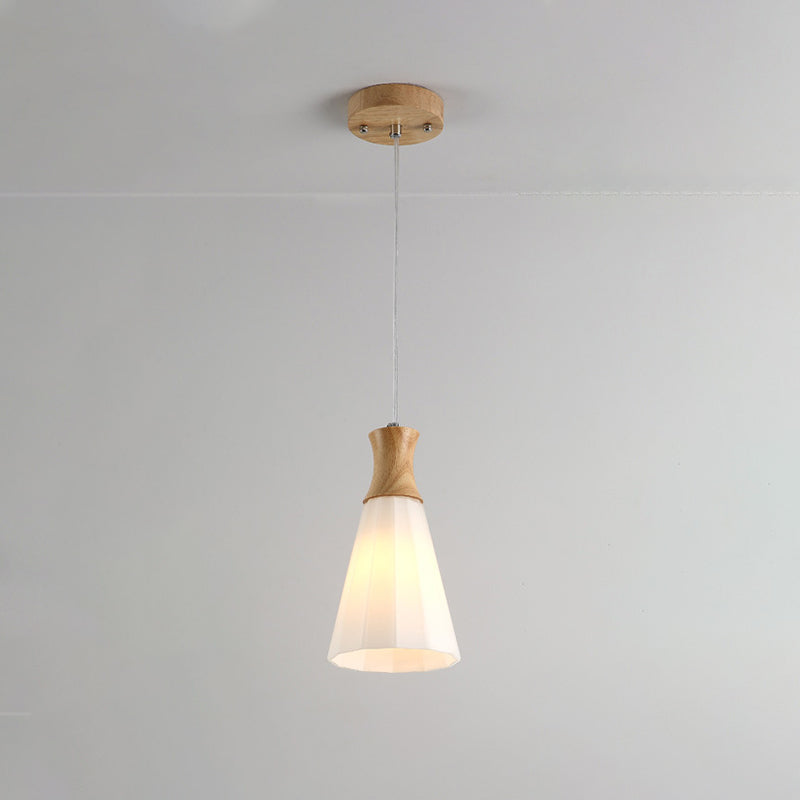 Nordic Milky Glass Cone Pendant Light - Wood Suspension Lamp with Round/Linear Canopy