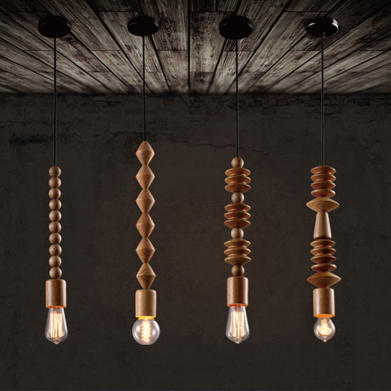 Simplicity Wood Pendant Light with Exposed Bulb - Brown Baluster Design