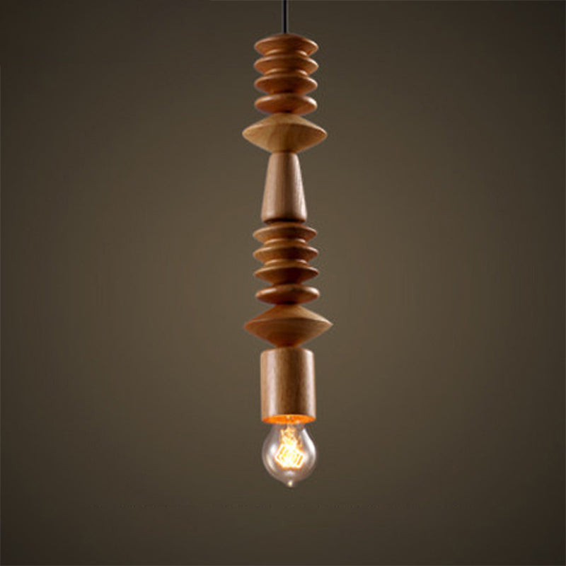 Simplicity Wood Pendant Light with Exposed Bulb - Brown Baluster Design