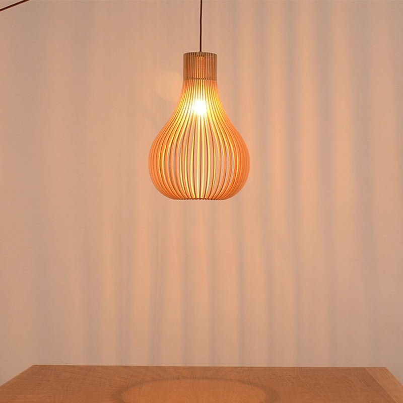 Minimalist Gourd Pendant Lamp with Wood Shade and Cutouts - Beige | Available in 12"/15" W