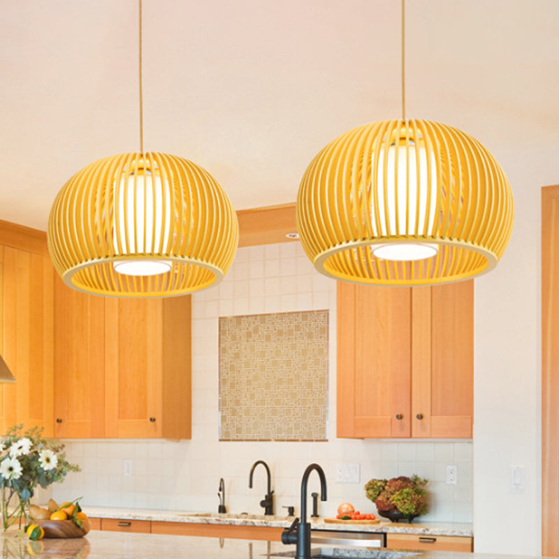 Modern Half-Globe Pendant Wooden 1-Light Dining Table Suspension Lighting - 13"/18" W with Inner Shade