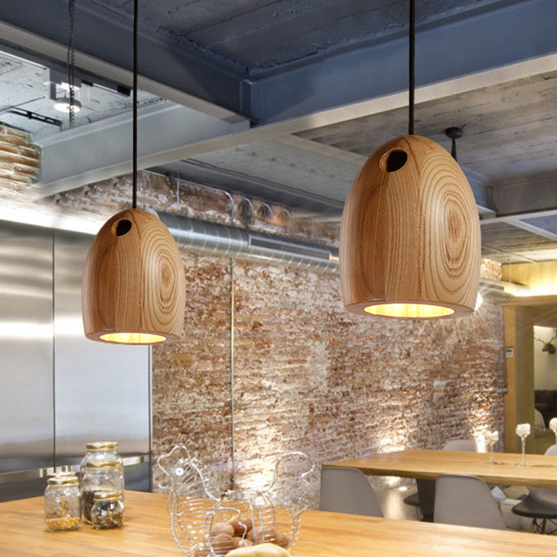 Nordic Nordic Wooden Dome Pendant Lamp - Small, 1-Light Beige Ceiling Hang Light for Dining Room