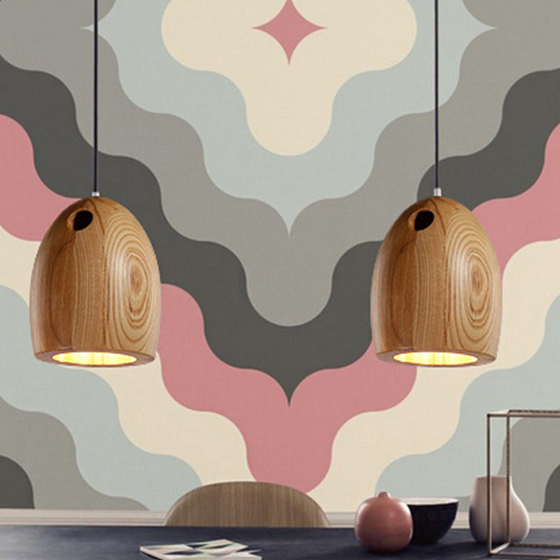 Nordic Nordic Wooden Dome Pendant Lamp - Small, 1-Light Beige Ceiling Hang Light for Dining Room
