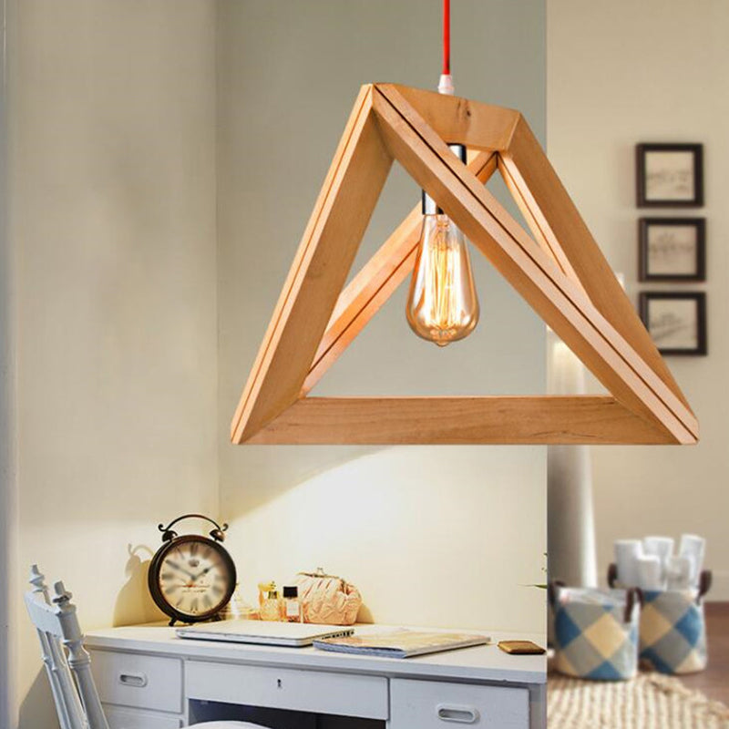 Minimalistic Beige Triangle Pendant Light with Wood Cage - Available in 12.5", 14.5", or 16.5" Width