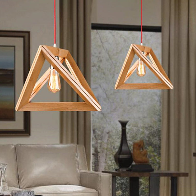 Minimalist Triangle Hanging Light With Single Bulb - Beige Pendant Wood Cage 12.5/14.5/16.5 Width