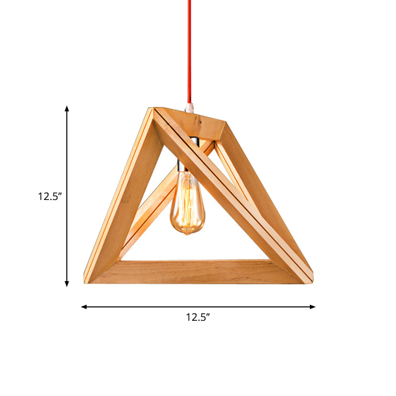 Minimalistic Beige Triangle Pendant Light with Wood Cage - Available in 12.5", 14.5", or 16.5" Width