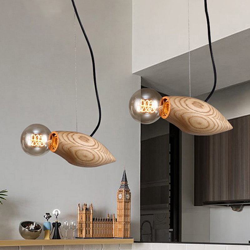Nordic Wood Pendant Light With Beige Birdie Design And Open Bulb