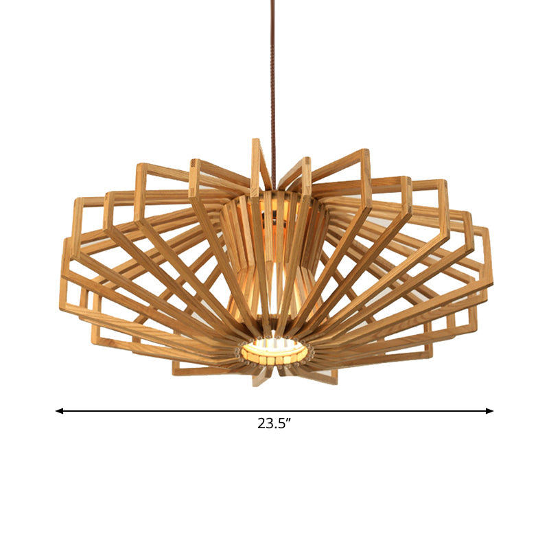 Modern Beige Single Wood Ceiling Pendant Light For Bedroom - Ufo Hollowed Out Design