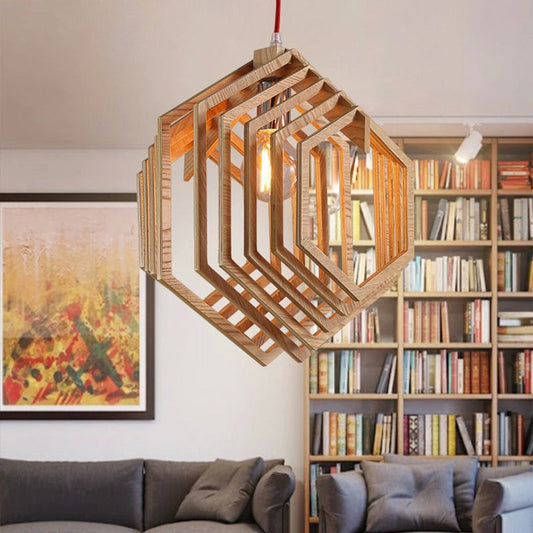 Modern Hexagon Wood Hanging Lamp - Brown Pendant Light for Dining Room Ceiling