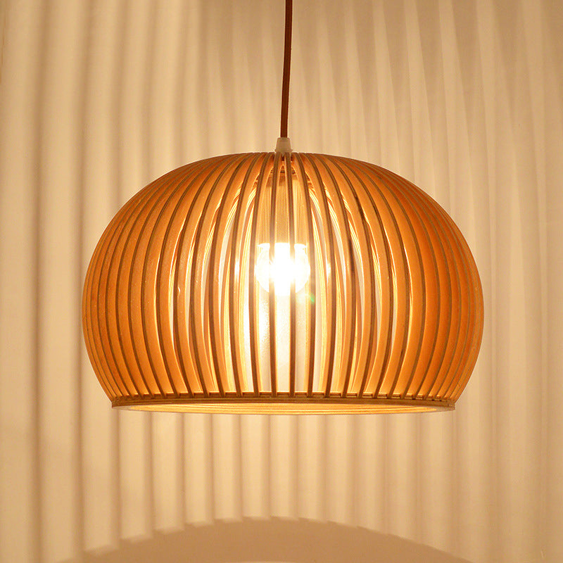 Minimalist Wood Hemisphere Pendant Ceiling Lamp, Single-Bulb Beige Hang Light, 14"/18" Width