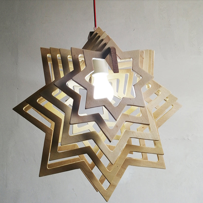 Modern Anise Star Wood Hanging Lamp Kit with Hollowed-out Design - 1 Head, Beige