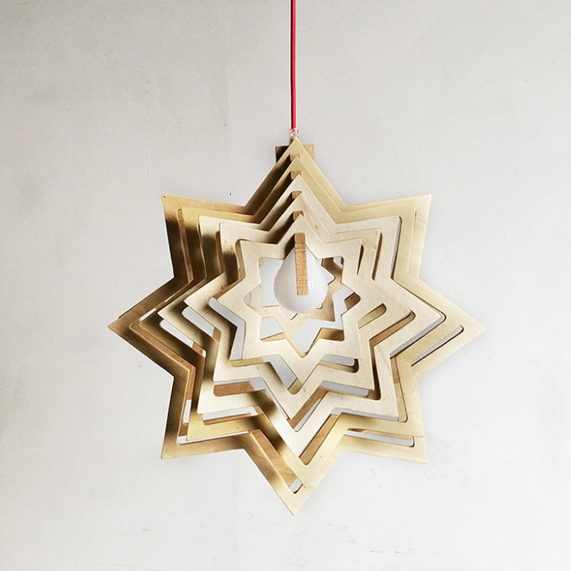 Modern Anise Star Wood Hanging Lamp Kit with Hollowed-out Design - 1 Head, Beige