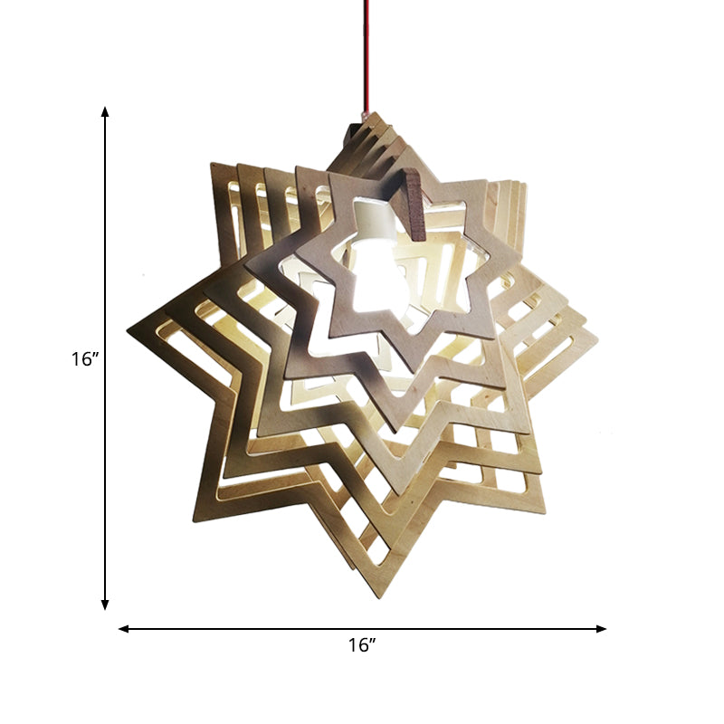 Modern Anise Star Wood Hanging Lamp Kit with Hollowed-out Design - 1 Head, Beige