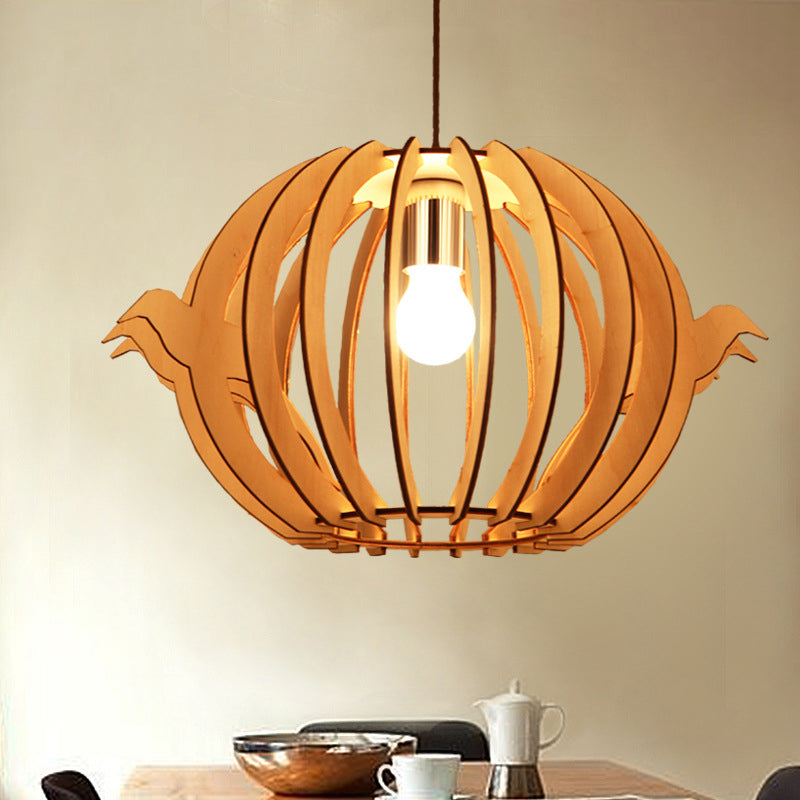 Wooden Bird Cage Pendant Light - Nordic Design, 1-Light, for Dining Table