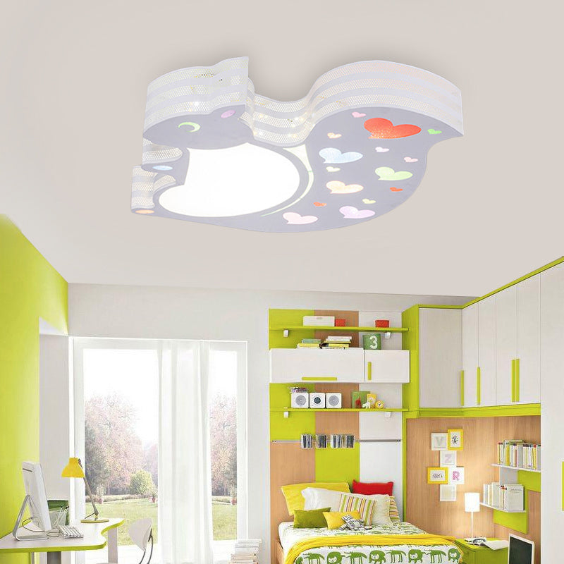 Loving-Heart Squirrel Flush Mount Ceiling Light For Kids Bedroom - Rustic Metal Animal Fixture White
