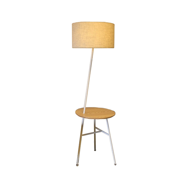 Modern Fabric Cone/Drum/Tapered Floor Lamp With Table & Storage Rack - Black/White/Wood Stand Up