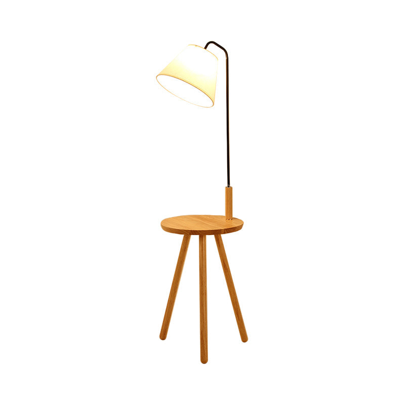 Modern Fabric Cone/Drum/Tapered Floor Lamp With Table & Storage Rack - Black/White/Wood Stand Up