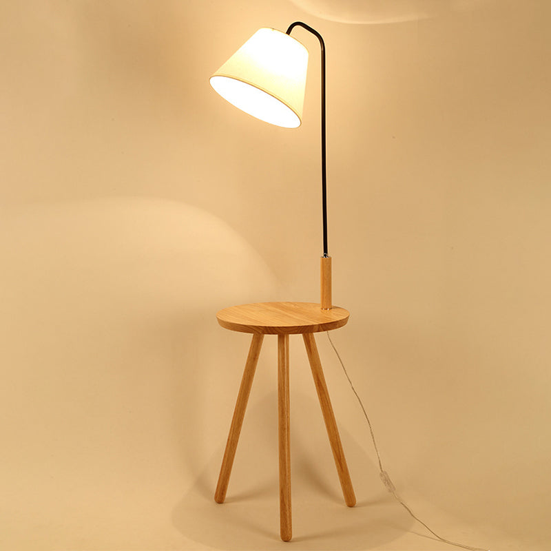 Modern Fabric Cone/Drum/Tapered Floor Lamp With Table & Storage Rack - Black/White/Wood Stand Up