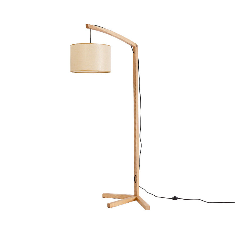 Modern Cylinder Fabric Reading Floor Lamp With Wood Base And Bow Pole