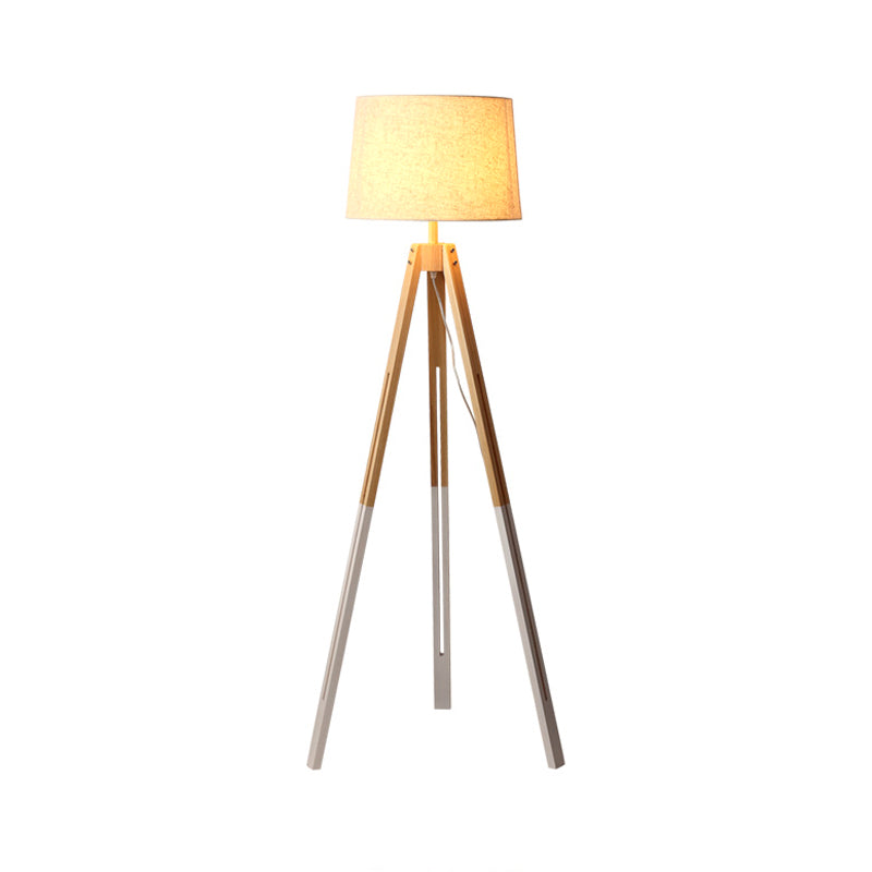 Modern 3-Legged Drum Shade Floor Light - Black/White Fabric Wood Base For Living Room