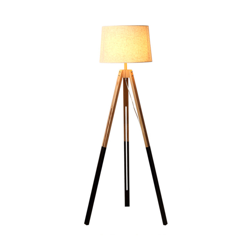 Modern 3-Legged Drum Shade Floor Light - Black/White Fabric Wood Base For Living Room