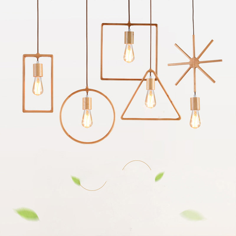 Simplicity Wooden Pendant Light in Beige - Square/Round/Triangle Design, 1 Bulb - Ideal for Dining Room