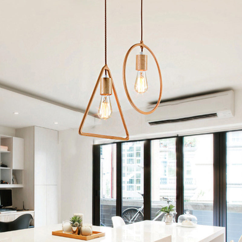 Simplicity Wooden Pendant Light in Beige - Square/Round/Triangle Design, 1 Bulb - Ideal for Dining Room