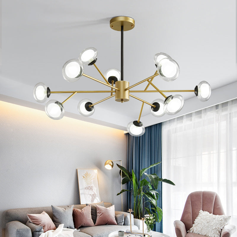 Lustre de plafond en forme de branche noir/doré - Kit d'éclairage suspendu en métal postmoderne avec abat-jour en verre laiteux (6/15/18 têtes)