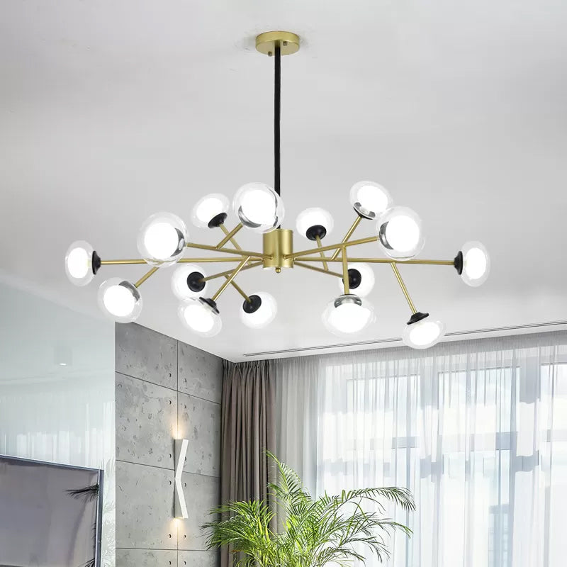 Lustre de plafond en forme de branche noir/doré - Kit d'éclairage suspendu en métal postmoderne avec abat-jour en verre laiteux (6/15/18 têtes)