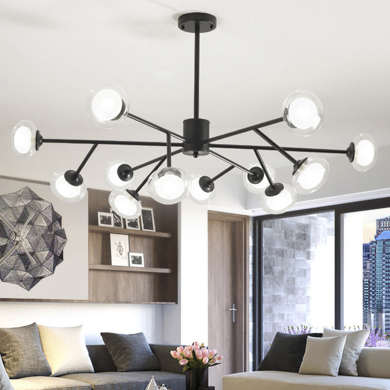 Lustre de plafond en forme de branche noir/doré - Kit d'éclairage suspendu en métal postmoderne avec abat-jour en verre laiteux (6/15/18 têtes)