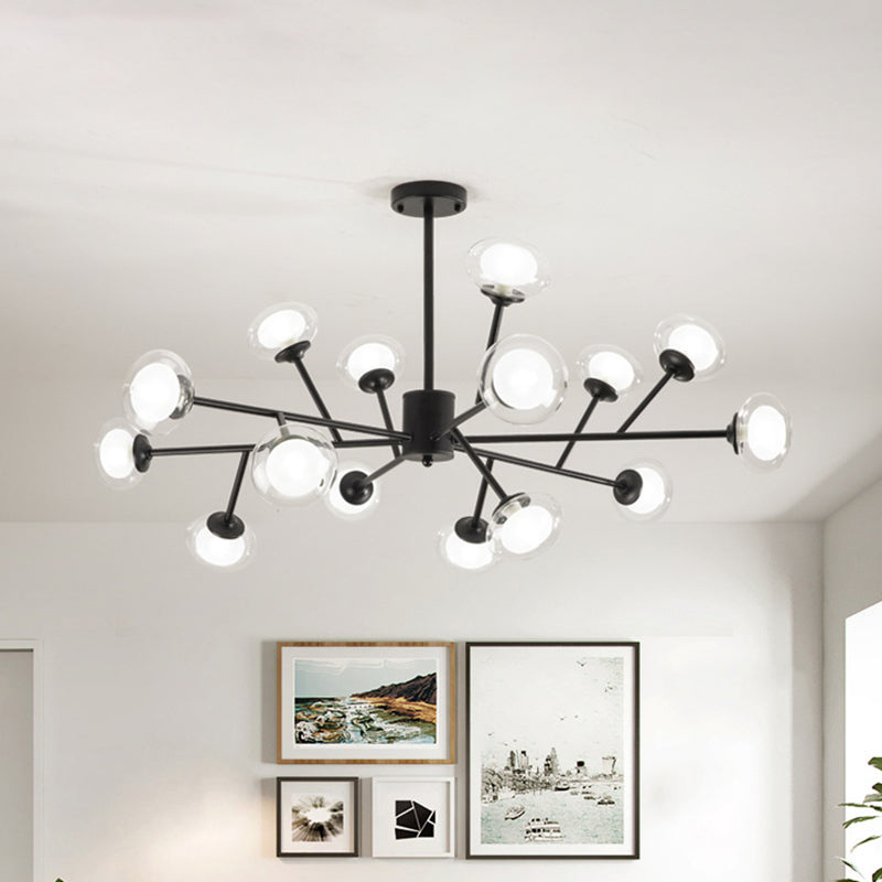 Lustre de plafond en forme de branche noir/doré - Kit d'éclairage suspendu en métal postmoderne avec abat-jour en verre laiteux (6/15/18 têtes)