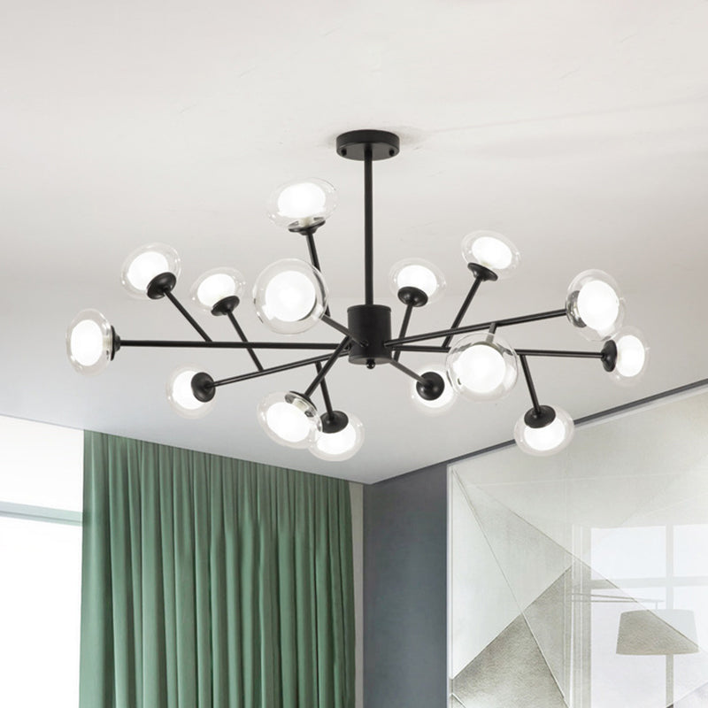 Lustre de plafond en forme de branche noir/doré - Kit d'éclairage suspendu en métal postmoderne avec abat-jour en verre laiteux (6/15/18 têtes)