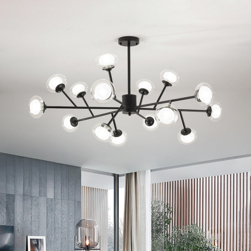 Lustre de plafond en forme de branche noir/doré - Kit d'éclairage suspendu en métal postmoderne avec abat-jour en verre laiteux (6/15/18 têtes)