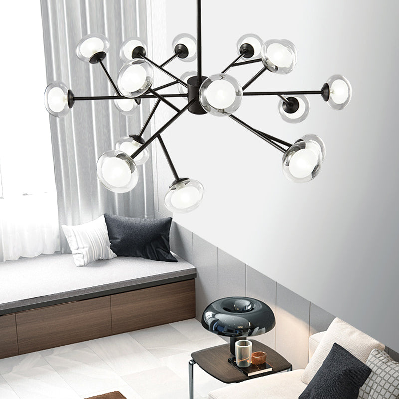 Lustre de plafond en forme de branche noir/doré - Kit d'éclairage suspendu en métal postmoderne avec abat-jour en verre laiteux (6/15/18 têtes)