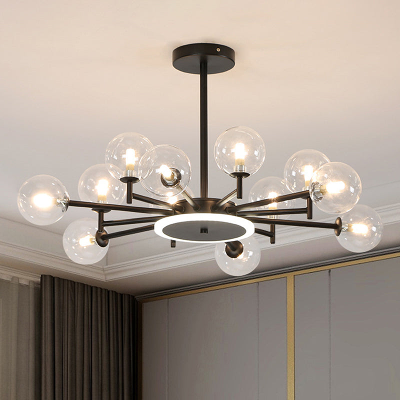 Lustre contemporain en forme d'étoile noir/doré - Suspension en verre opale givré/transparent pour salon