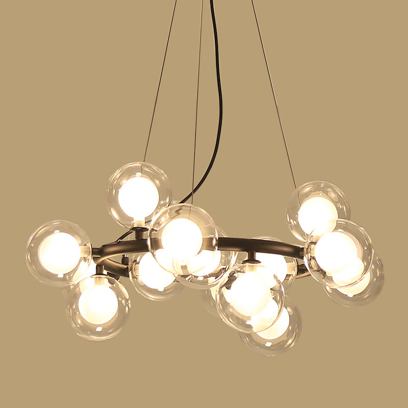Modern Black Bubbled Wreath Chandelier with Clear and Frosted Glass Shades - 15/25 Bulbs Hanging Ceiling Light