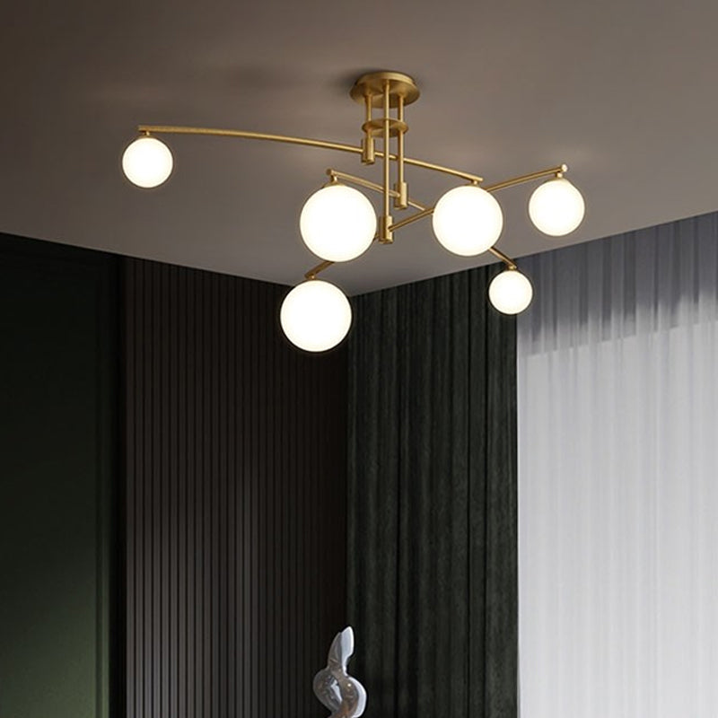 Lustre de chambre minimaliste à 3 couches - Lampe suspendue métallique à 6/9 lumières en noir/or avec abat-jour en verre blanc