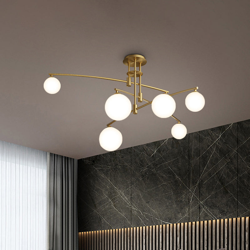 Lustre de chambre minimaliste à 3 couches - Lampe suspendue métallique à 6/9 lumières en noir/or avec abat-jour en verre blanc