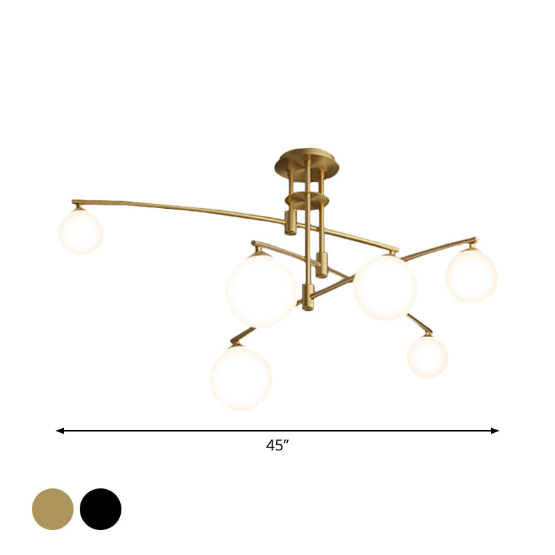 Lustre de chambre minimaliste à 3 couches - Lampe suspendue métallique à 6/9 lumières en noir/or avec abat-jour en verre blanc