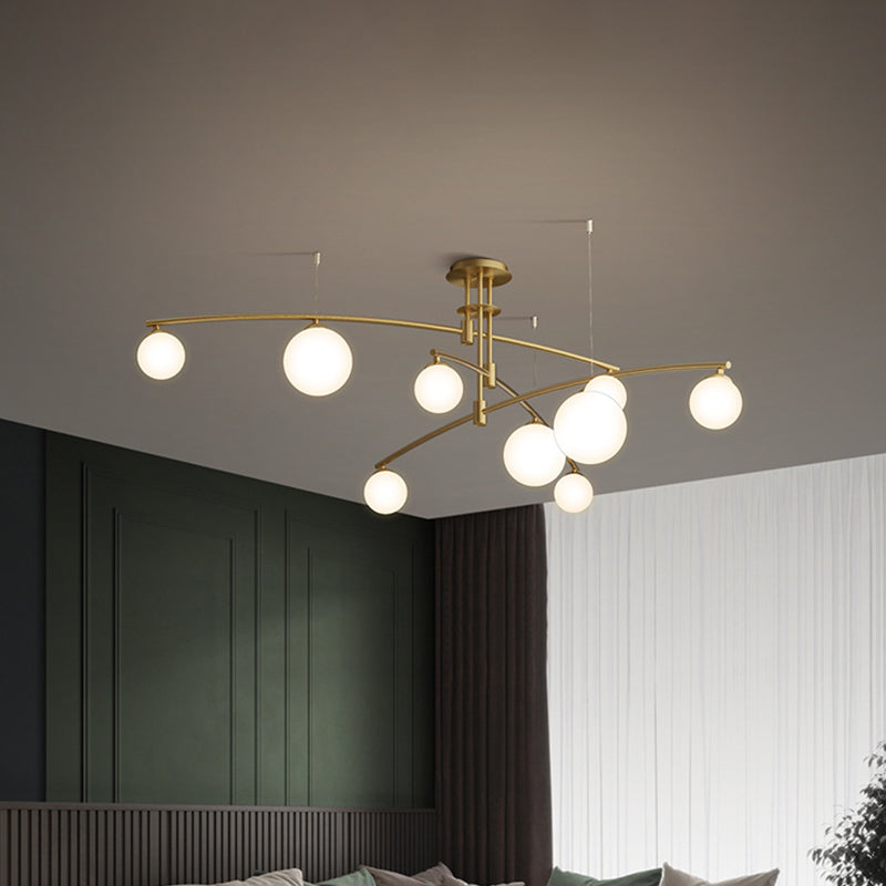 Lustre de chambre minimaliste à 3 couches - Lampe suspendue métallique à 6/9 lumières en noir/or avec abat-jour en verre blanc