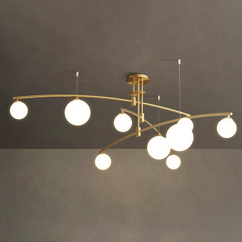 Lustre de chambre minimaliste à 3 couches - Lampe suspendue métallique à 6/9 lumières en noir/or avec abat-jour en verre blanc