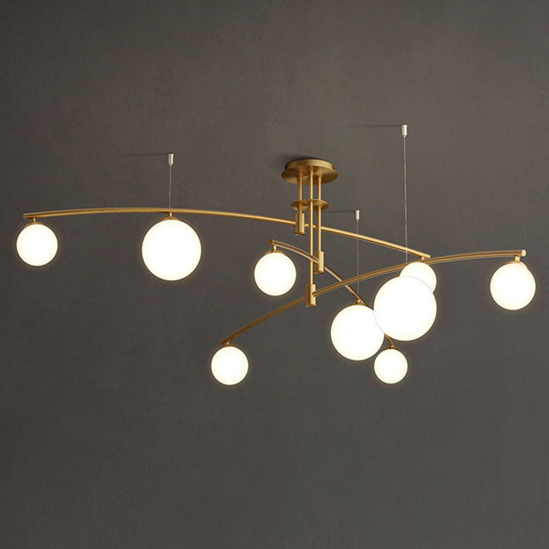 Lustre de chambre minimaliste à 3 couches - Lampe suspendue métallique à 6/9 lumières en noir/or avec abat-jour en verre blanc