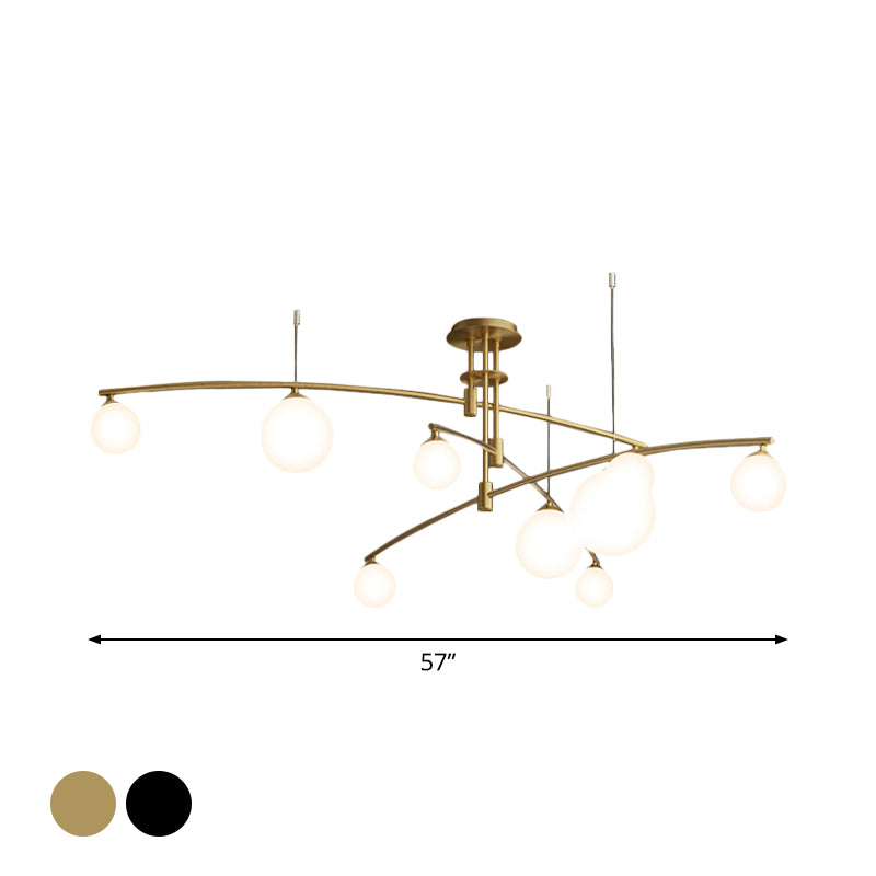 Lustre de chambre minimaliste à 3 couches - Lampe suspendue métallique à 6/9 lumières en noir/or avec abat-jour en verre blanc