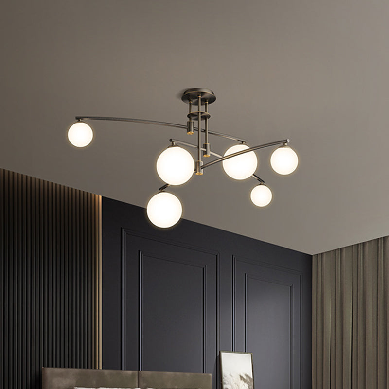 Lustre de chambre minimaliste à 3 couches - Lampe suspendue métallique à 6/9 lumières en noir/or avec abat-jour en verre blanc