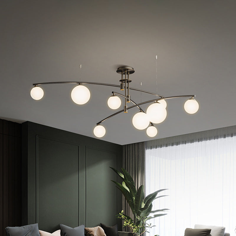 Lustre de chambre minimaliste à 3 couches - Lampe suspendue métallique à 6/9 lumières en noir/or avec abat-jour en verre blanc