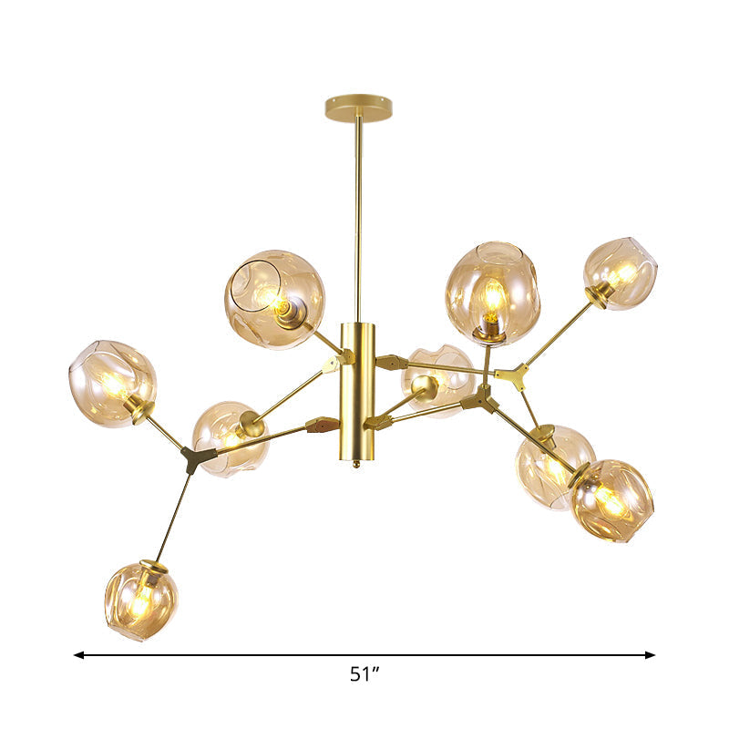 Modern Amber Glass Chandelier With Dimpled Cup Shades - 9-Bulb Pendant Lighting Fixture In Gold For