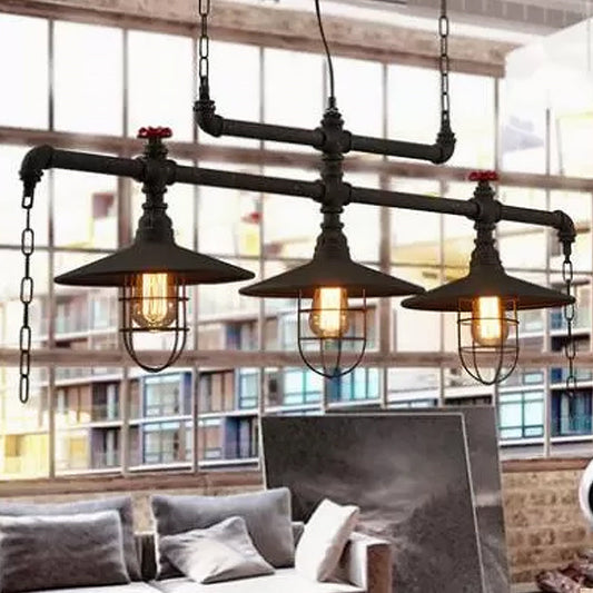 Steampunk Black Iron Hanging Light Fixture with Cage and Chain Deco