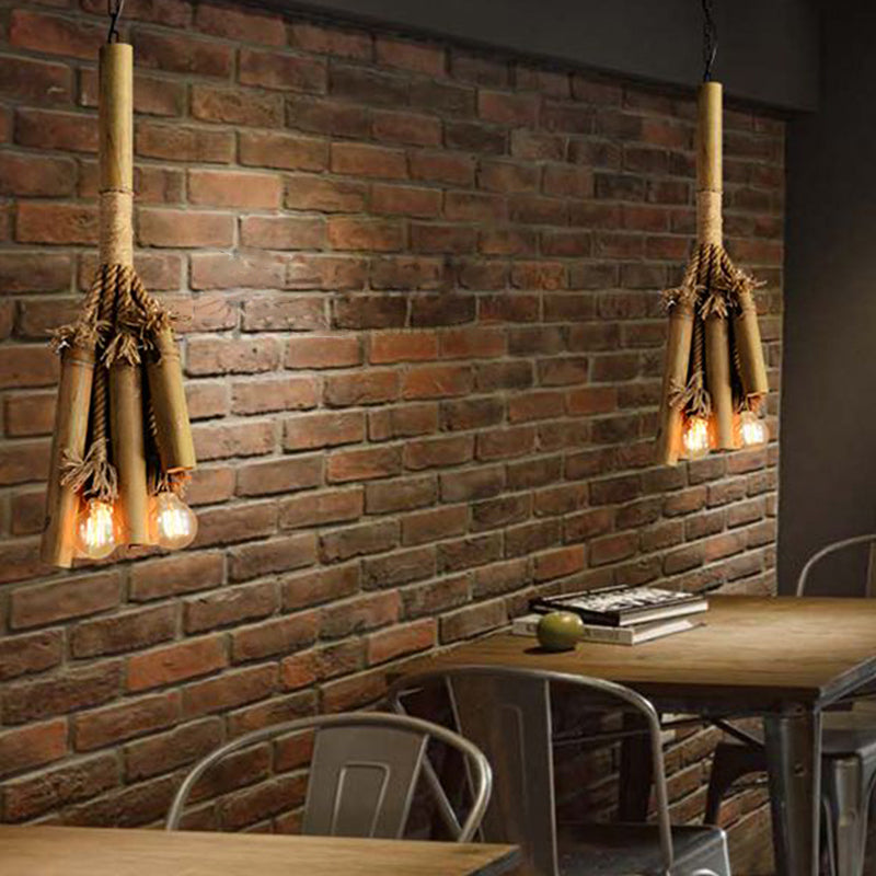Lustre suspendu en bambou à 3 têtes avec design en corde tubulaire pour restaurants et entrepôts - Marron avec luminaire à ampoule ouverte